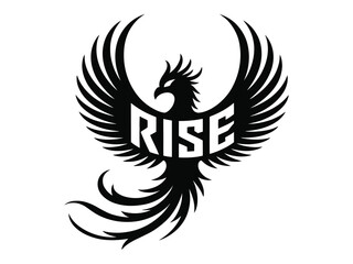 Obraz premium Mythical phoenix bird symbol with the word RISE on its body. A powerful graphic illustration of a majestic firebird representing rebirth, strength, and new beginnings.