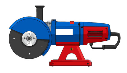 Fototapeta premium Illustration of an industrial power chop saw for cutting metal. Abrasive cutoff machine for workshop or construction use, isolated on a white background.
