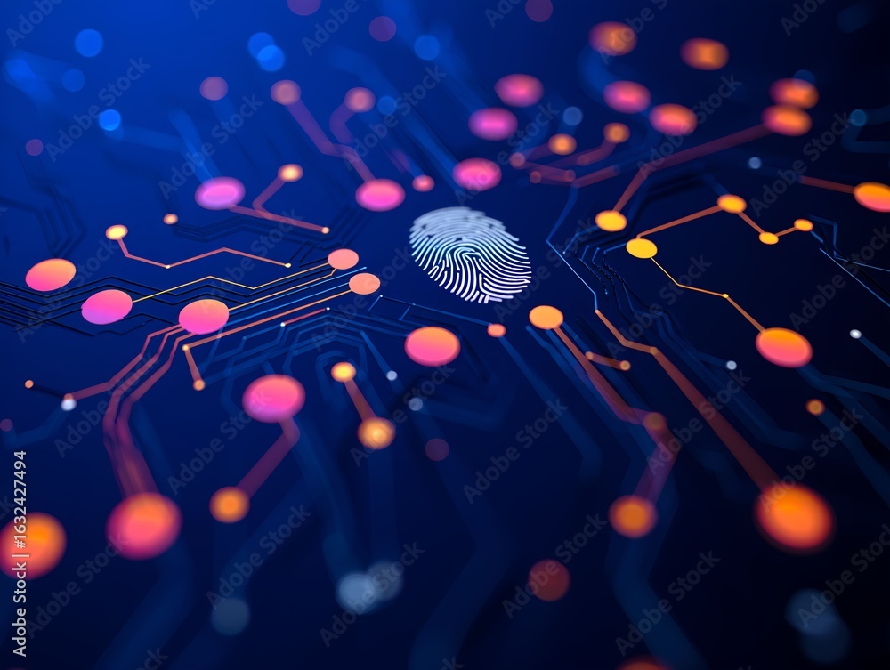 Poster digital fingerprint on circuit board representing cybersecurity and biometric technology