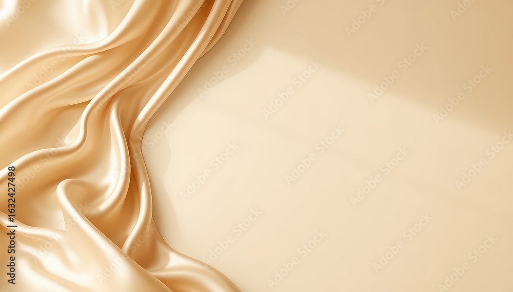 Poster elegant golden fabric drapes smoothly, creating a flowing texture with soft shadows and a light airy
