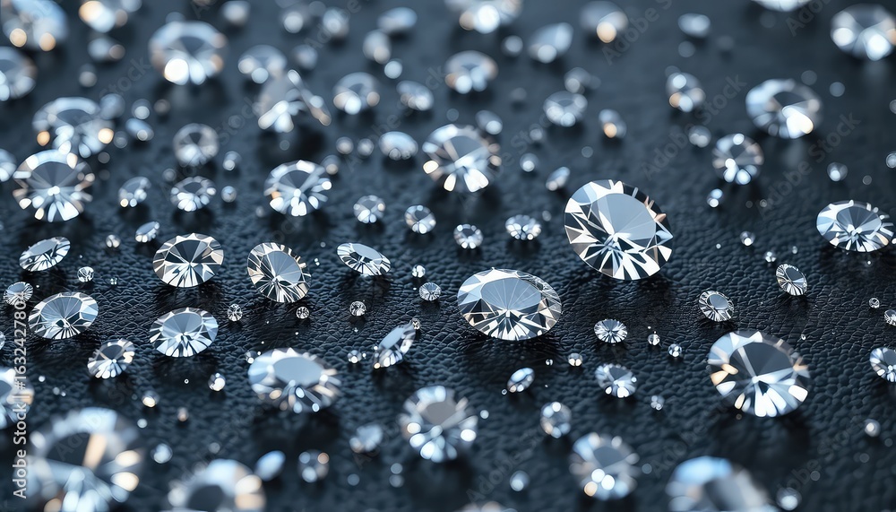 Poster scattered gems glisten on a textured surface, their facets catching the light to create a sparkling 