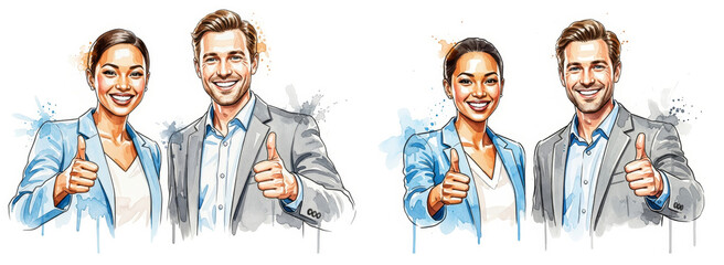 HR Specialists Thumbs Up Success - Two smiling HR specialists give thumbs up, symbolizing teamwork, success, approval, recruitment, and positive hiring