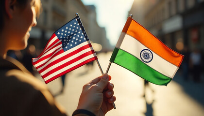 A patriotic person holds the American flag and Indian flag with pride