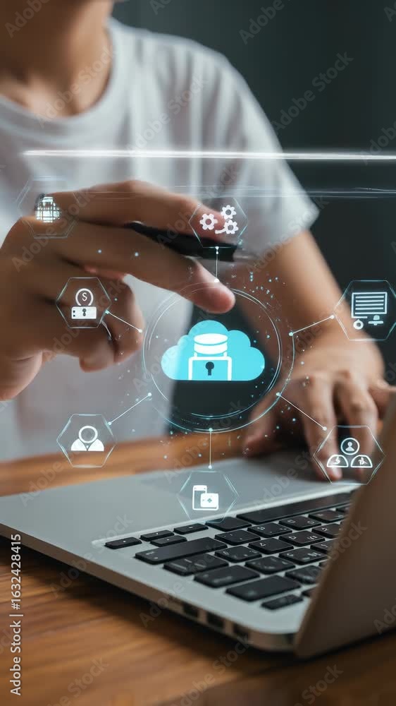 Poster cloud computing: woman in white t-shirt analyzes secure digital data storage, using cloud infrastruc