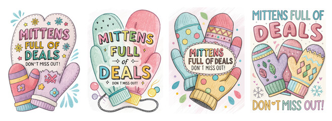 Set of four posters featuring cheerful mittens with unique patterns and pastel colors promoting deals