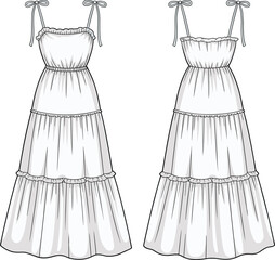 Tiered maxi dress illustration, spaghetti straps, ruffled neckline, elastic waist, fashion sketch, garment design, sewing pattern, clothing template