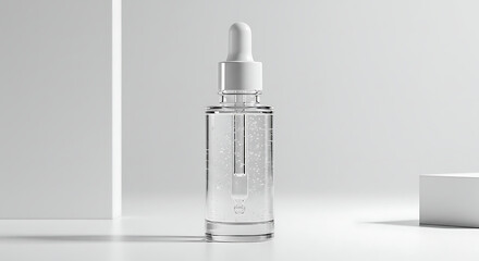 Clear serum bottle with white dropper on a white surface against a white background with blocks