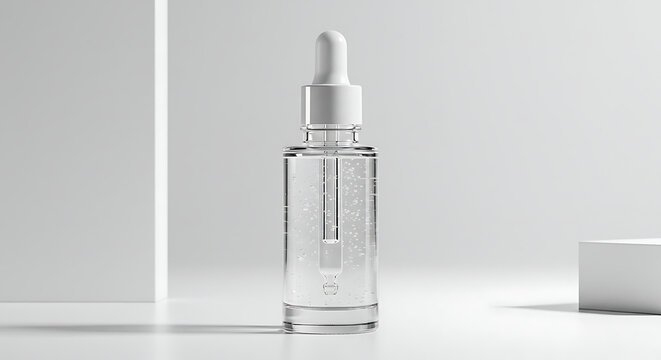Clear serum bottle with white dropper on a white surface against a white background with blocks