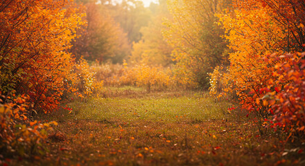 Fototapeta premium Pathway through an autumn forest ablaze with vibrant colors of orange, yellow, and green.