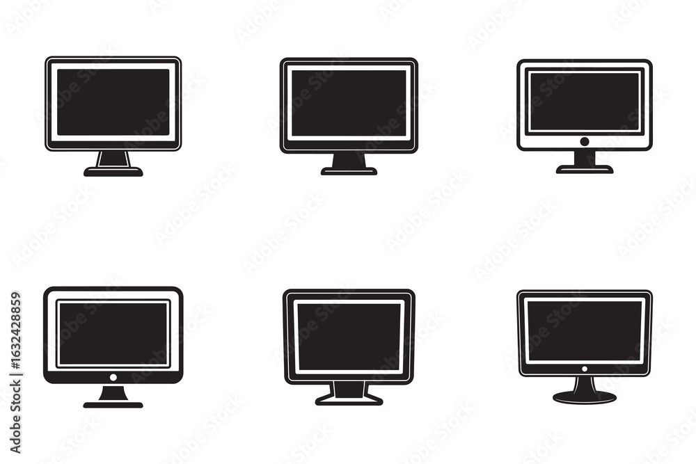 Poster black and white computer monitor icons representing technology and digital communication in a clean 