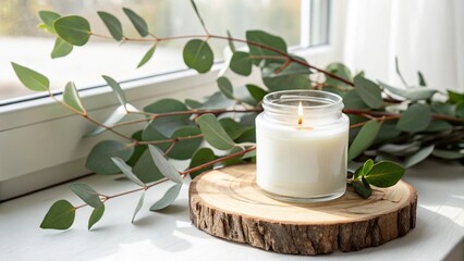 A lit white candle in a glass jar rests on a rustic wooden slice with eucalyptus branches