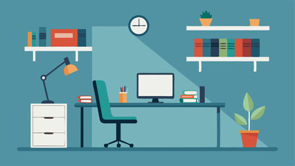 A minimalist home office with a wallmounted desk floating shelves and a comfortable ergonomic chair.
