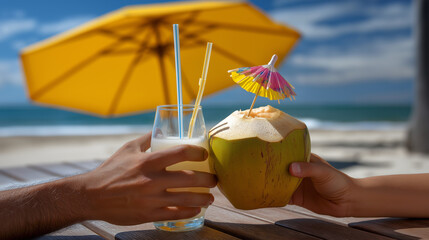 Sharing a coconut drink with two straws under a beach umbrella