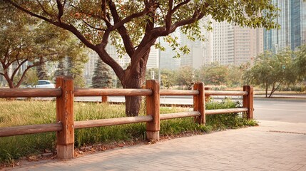 Fototapeta premium Nature's Embrace: Wooden fence, lush grass, & sprawling tree create a serene scene against a backdrop of modern buildings blending the natural and urban worlds.