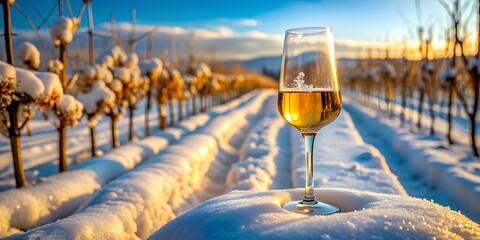 A glass of golden wine sits atop a snowcovered vineyard row, bathed in the warm glow of the winter sun, inviting a moment of celebration and tranquility