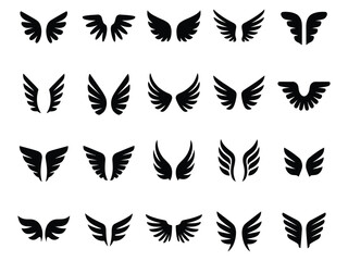 Collection of black wing silhouettes. Vector icon set of assorted angel and bird wings for logo and tattoo design. Various abstract flight symbols.