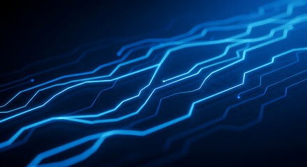 A network of glowing blue lines cascades across a dark surface, evoking circuit boards or digital pathways.