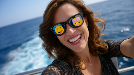 Playful beach selfie with sunglasses and ocean background
