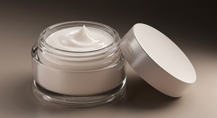 Elegant jar of cream with pristine contents, lid leaning gently, bathed in subtle ambient light.