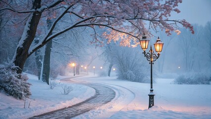 Enchanting winter park path illuminated by vintage streetlights on a snowy evening