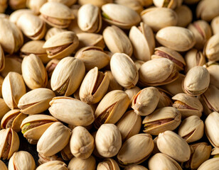 A close-up view of numerous roasted pistachios in their shells, showcasing their natural texture, earthy tones, and slight openings revealing the green nuts inside.