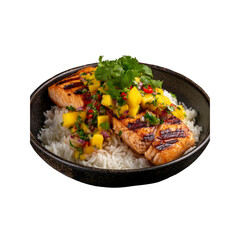 Fototapeta premium Grilled Salmon with Mango Salsa and Rice in a Dark Bowl