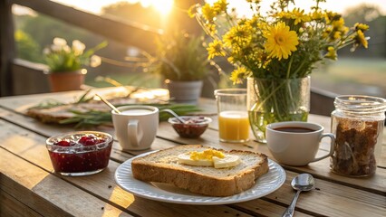 Delicious breakfast spread on a wooden table with flowers and morning sunlight