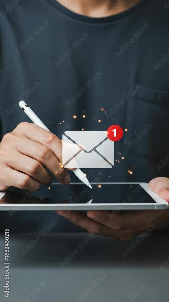 Poster new email notification: a professional holds a tablet, checking for incoming messages with a digital