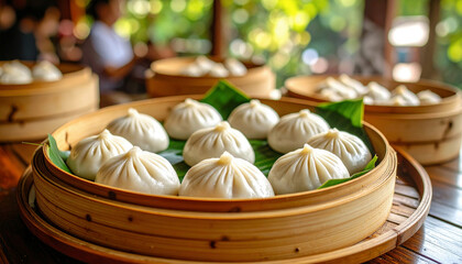 Freshly steamed dumplings are neatly arranged on banana leaves inside a bamboo basket, ready to be served in a bright, open-air setting.