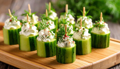 Cucumber slices topped with creamy herb cheese create a refreshing and elegant appetizer, perfect for parties and gatherings.	