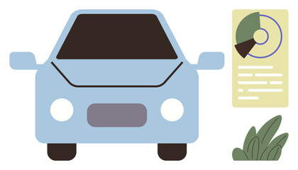 Blue car front view next to circular analytics chart and green plants. Ideal for sustainability, eco-innovation, transportation, electric vehicles, analytics, green energy, simple flat metaphor