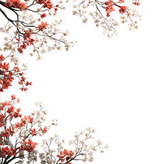 Floral frame with delicate blossoms.  Peach and white flowers form a border on a black background