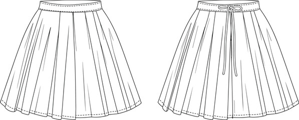 Pleated skirt technical flat sketch, front and back views, waistband with drawstring, fashion vector drawing, apparel design template