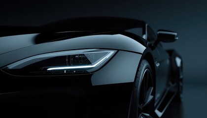 Fototapeta premium Sleek black car shines under soft light, featuring a modern headlight design and dynamic curves that evoke a sense of speed and innovation