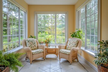Sunroom with large windows, comfortable chairs and tables, light yellow walls, tile floor, and natural sunlight in American middle-class home