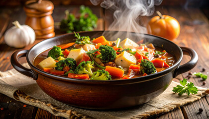 A steaming pot of hearty beef stew with vegetables offers a comforting and flavorful meal perfect for cozy evenings.
