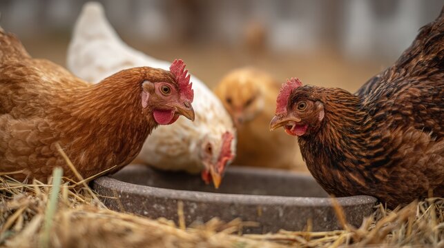 Feeding time for three hens gathered around a chicken feeder on straw-covered ground in soft natural light
