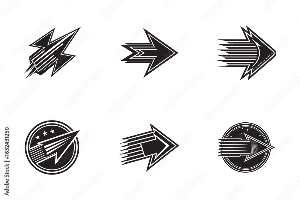 Poster collection of black and white arrow vector icons representing direction and progress for graphic des