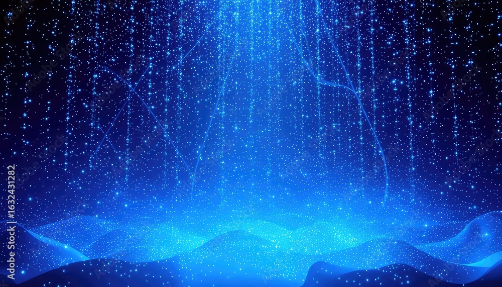 Poster sublime azure particle rain descending upon gently undulating ethereal hills, creating a fantastical