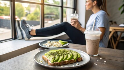 Post workout bliss with a refreshing protein shake and healthy toast in a cozy cafe setting