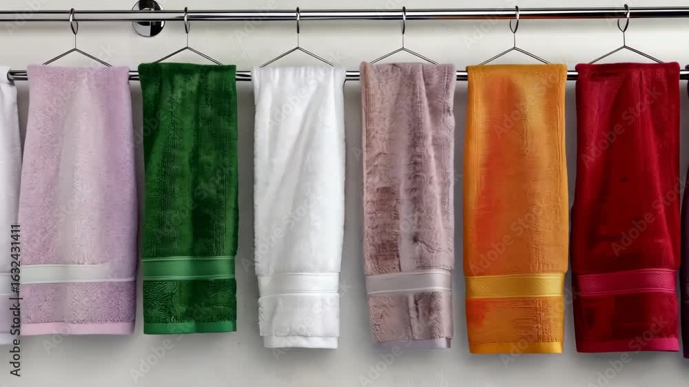 Aufkleber a colorful array of plush towels hangs neatly on a rack, showcasing a variety of textures and hues f