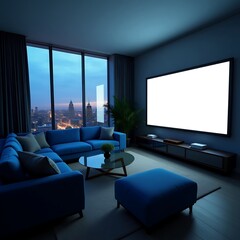 Modern City Home Theater at Night with Blue Furniture