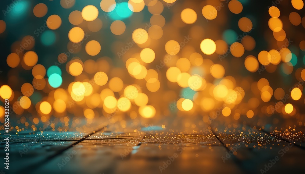 Poster soft luminescence of golden and turquoise bokeh gently illuminates a textured surface, creating an a