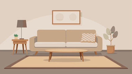 A minimalist living room with a neutralcolored sofa a wooden coffee table and a large woven rug.