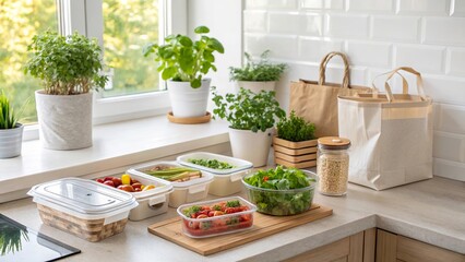 Eco-friendly kitchen brimming with fresh ingredients for sustainable meal preparation in a bright, inviting space