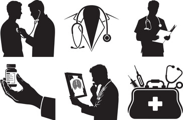 Medical Tools SVG Silhouette Bundle. syringe, stethoscope Vector Art and White Background. Nurse Healthcare illustration.