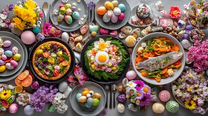 An Easter-themed collage featuring colorful eggs, food, and flowers, with a variety of dishes such as salad, pizza, fish, and vegetables arranged beautifully on a dinner table.