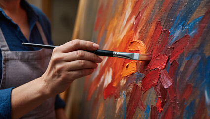 A person’s hand delicately paints vivid red and blue strokes on a canvas, capturing emotion and texture in an expressive piece of artwork.