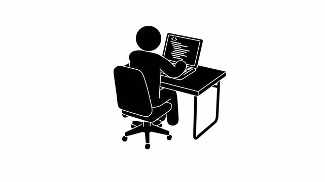 Stickman animation of a happy programmer spinning joyfully on an office chair with raised arms after earning money from coding. Stickman animation with alpha channel