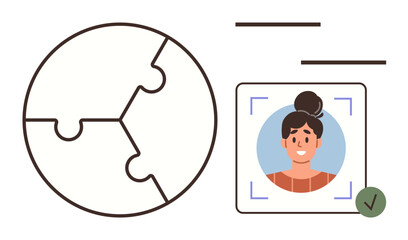 Circle puzzle representing unity and connection alongside digital profile with verified badge. Ideal for teamwork, identification, digital security, globalization, networking, online collaboration